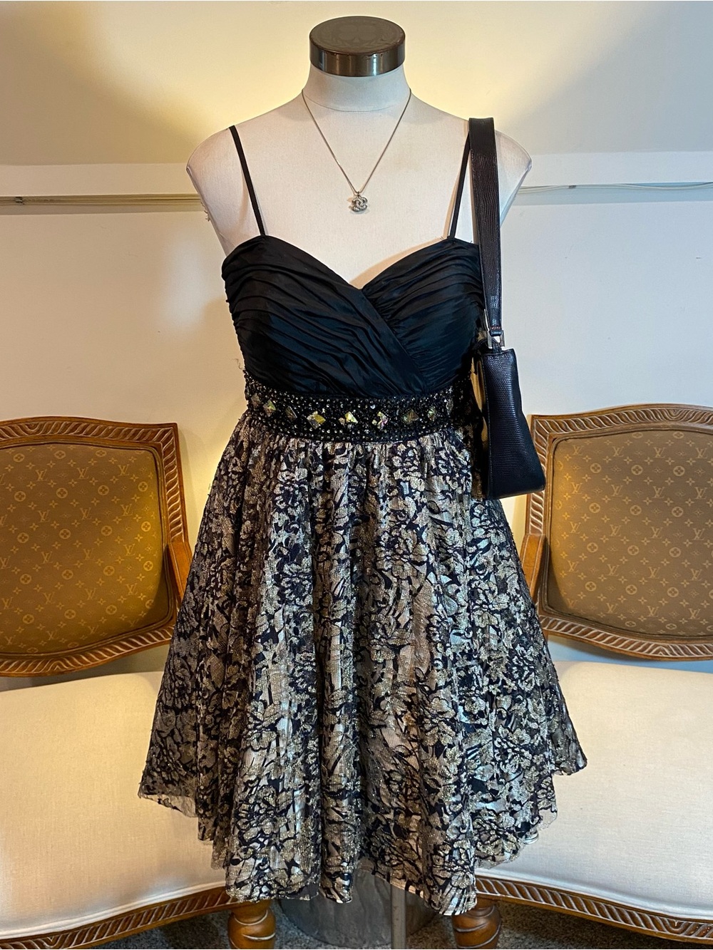 Tony Bowls Black and Gold Floral Lace Mini Cocktail Dress with Beaded Waist S